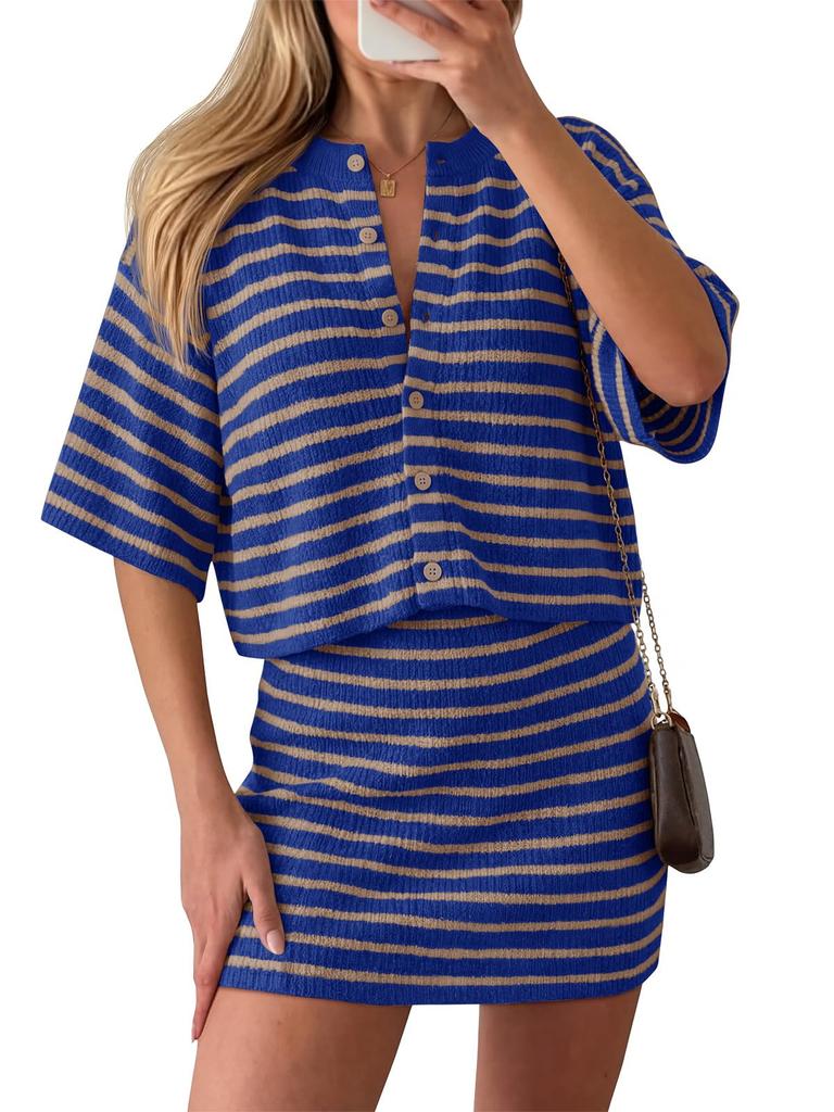 Women's Striped Knit 2 Piece Outfit Short Sleeve Button Cardigan and Mini Skirt