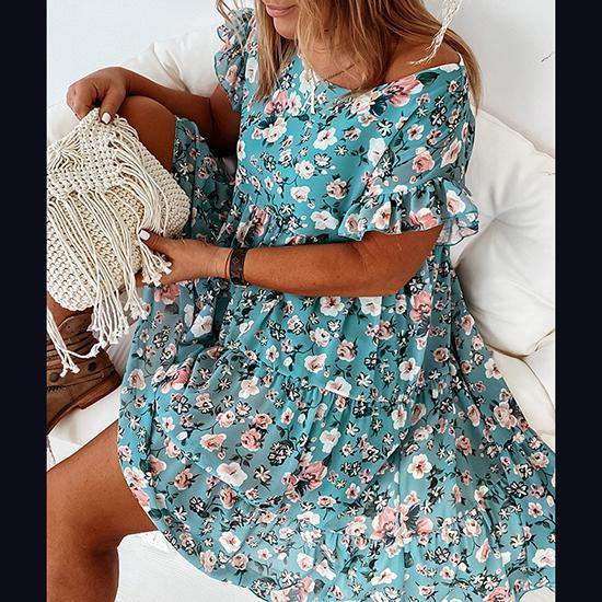 Verão manga curta em torno do pescoço moda sexy flor impressão europeu e americano vestido plissado vestido casual feminino