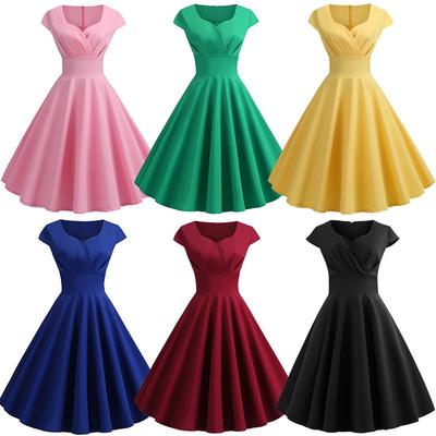 Retro Hepburn Style Short Sleeve 50s Collar High Waist Swing Dress