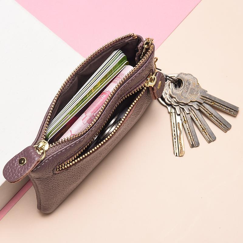 Leather change bag Women's mini key bag Simple double zipper coin change bag First layer cowhide short small wallet
