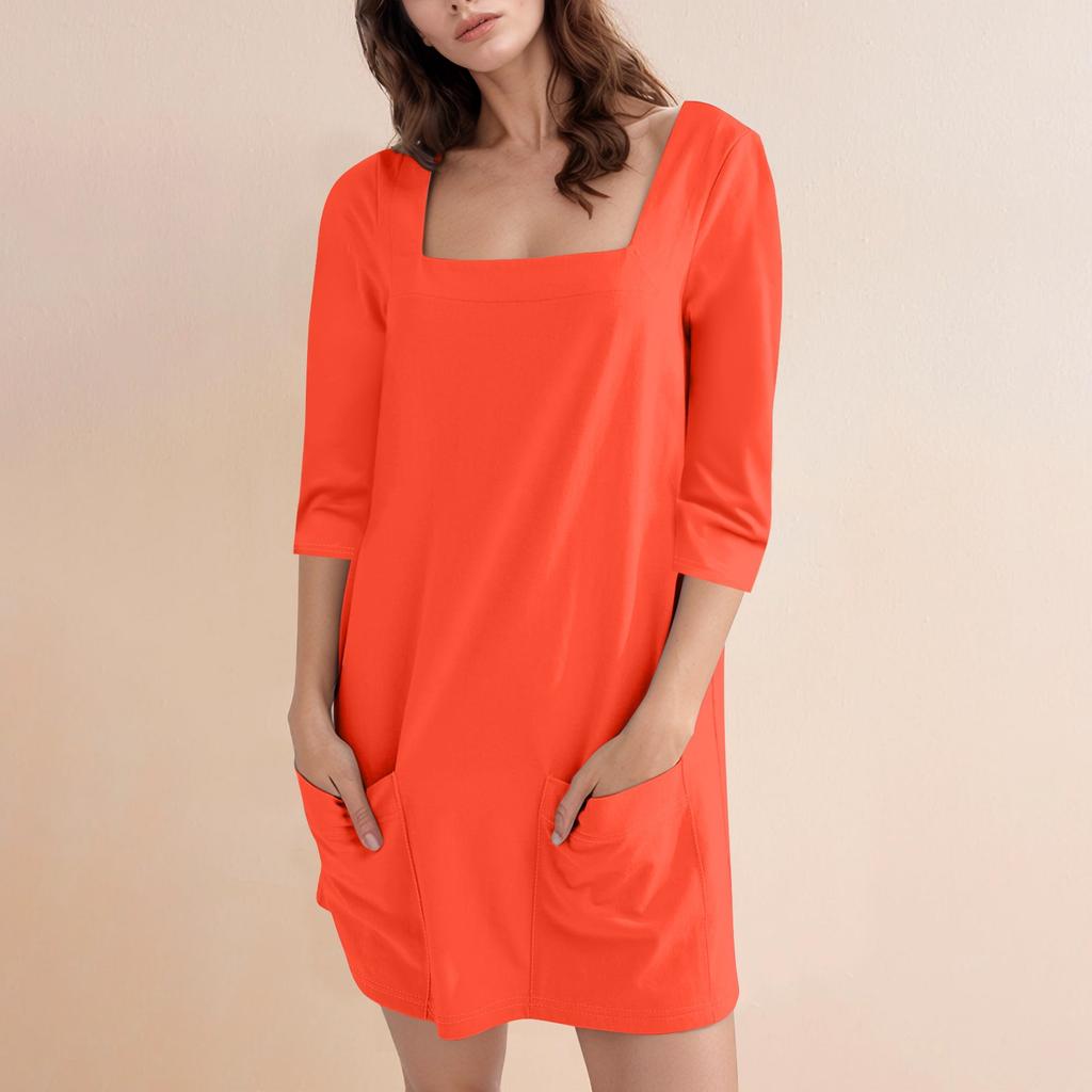 Women's Fashion Casual Solid Color Square Neck 3/4 Sleeve Short Dress