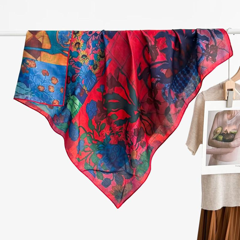 Pastoral Floral Velvet Double-sided Scarf 91 Large Square Scarf Women's Summer Travel Photo Silk Scarf Sun Protection Shawl