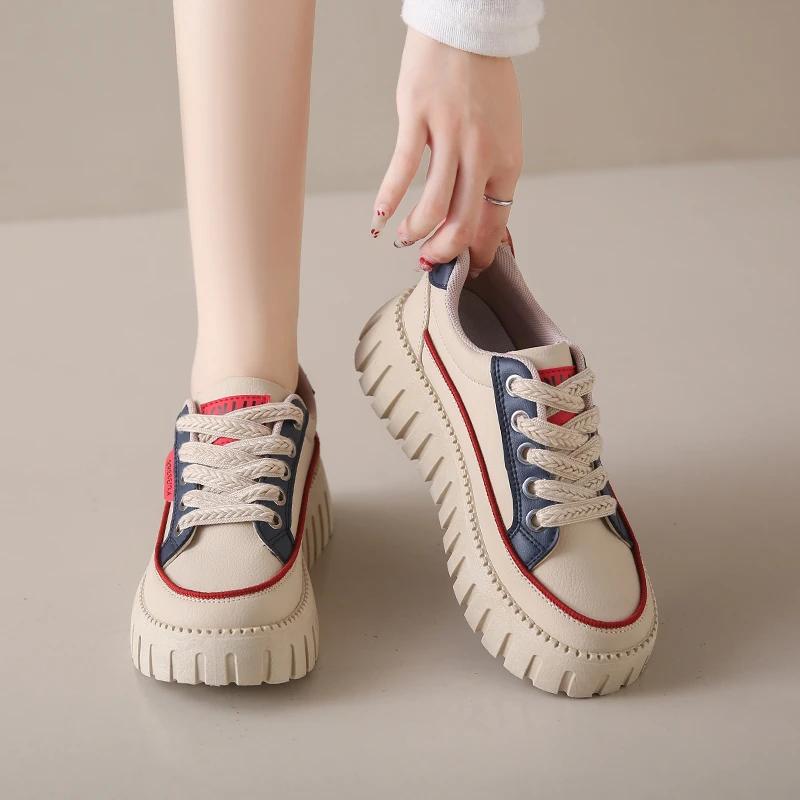 fashion 2024 Fashion Women's Shoes Lace-up Women's Vulcanize Shoes Hot Sale Color Matching High Quality Round Toe Classic Casual Shoes