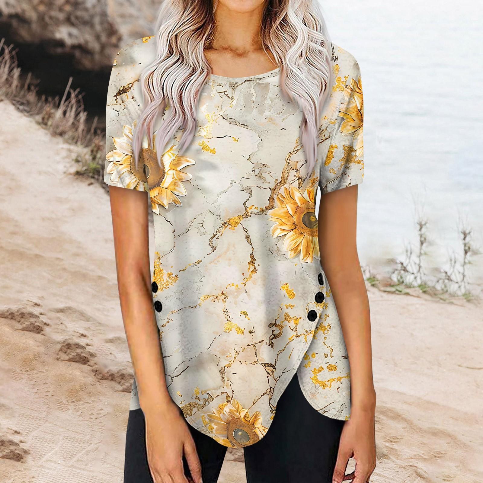Women s Summer Short Sleeve Round Neck Side Button  Print Top L