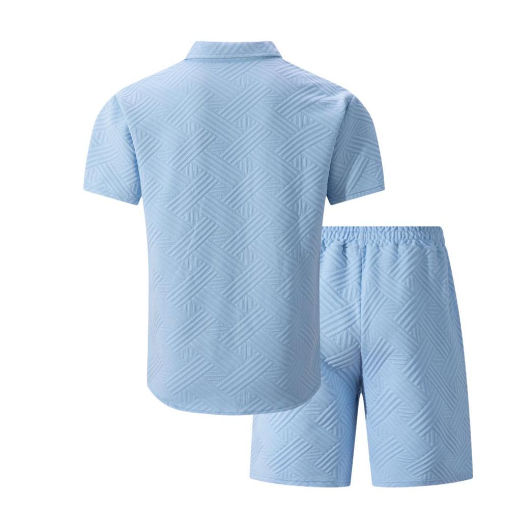 Men's Spring Solid Jacquard Lapel Cardigan & Shorts Set