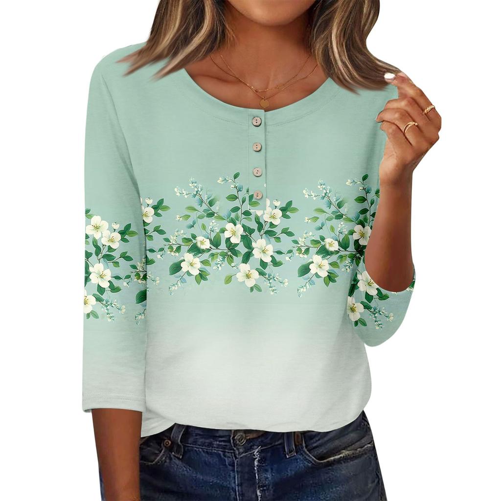3/4 Sleeve Shirts For Women Button Down Shirt Top For Women Half Button Down Print Graphic Blouse