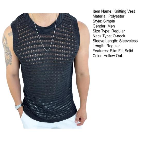 Léto Muži Pletená vesta bez rukávů s výstřihem do O Jednobarevný Slim Fit Vyhloubený Tenký pulovr Topy Streetwear
