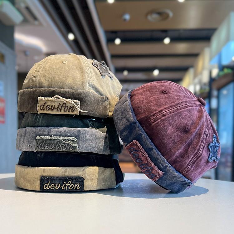 Retro Wash Denim Brimless Caps for Men Streetwear Hip Hop Hats Letter Star Embroidery Beanie Docker Caps Adjustable Dome Hats