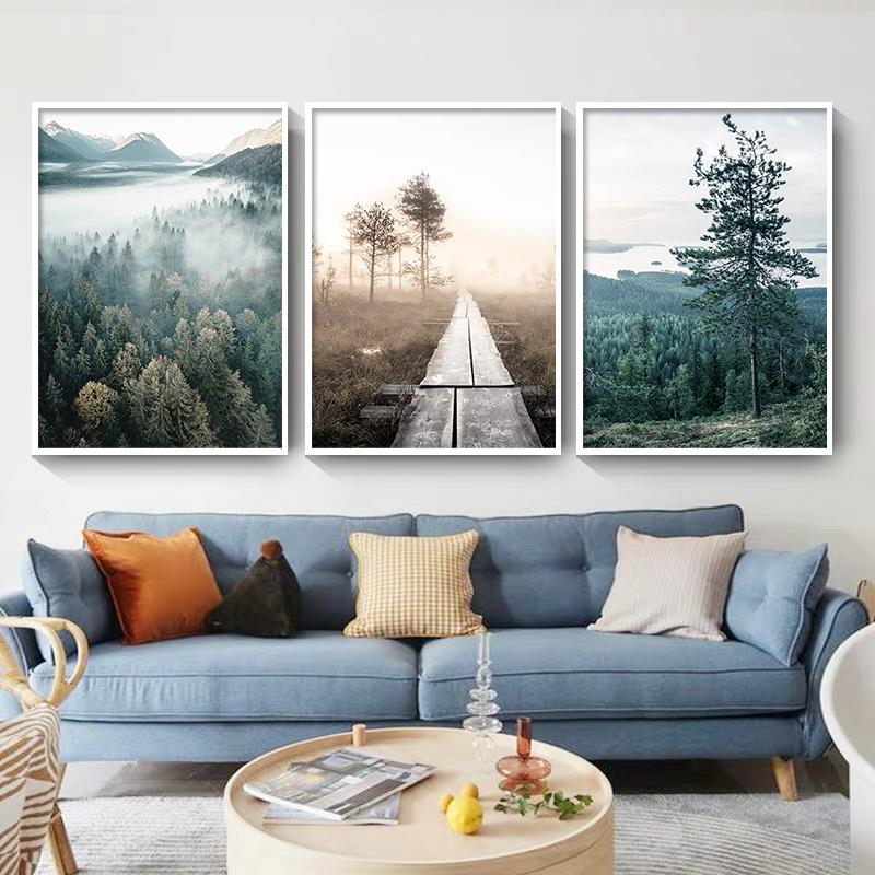 Pintura sobre Lienzo Paisaje Amanecer Atardecer Otoño Bosque Escandinavo Naturaleza Escenario Póster Impresión Arte Nórdico Decoración Cuadro de Pared