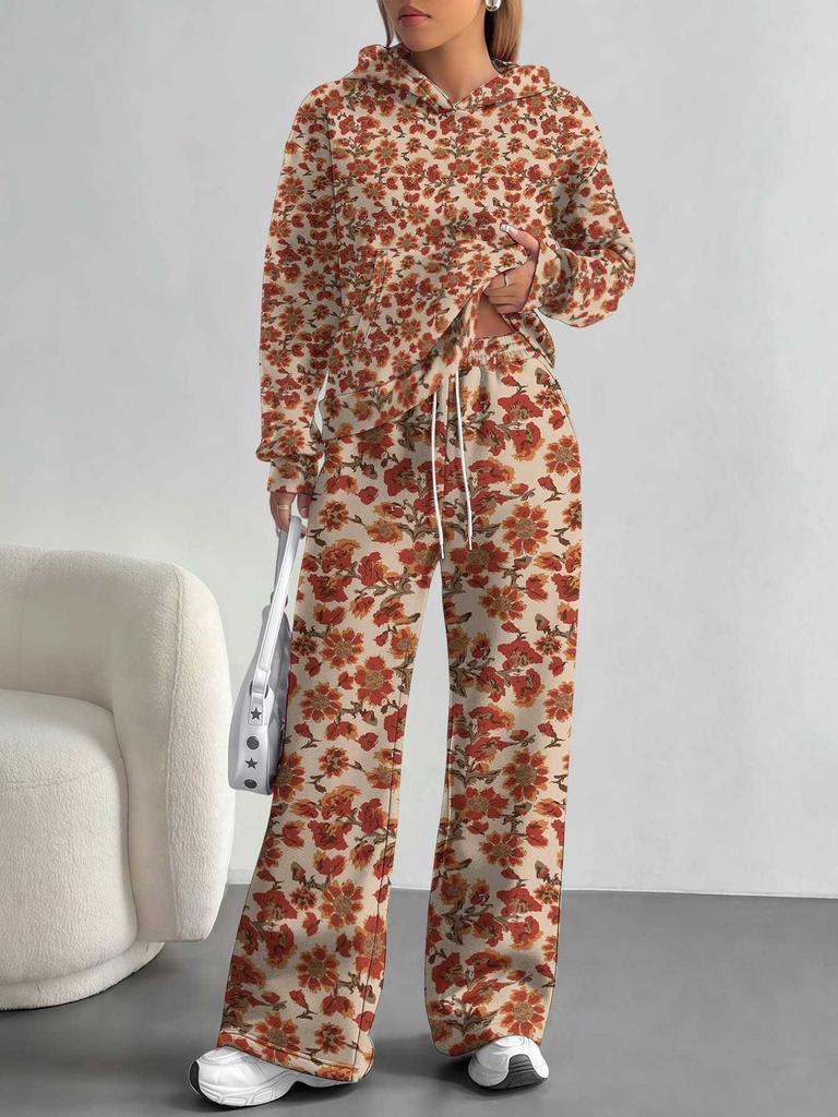 Pink Cherry Print European and American Autumn and Winter Casual Long-sleeved Suit Women's Hooded Sweater Trousers Two-piece Set
