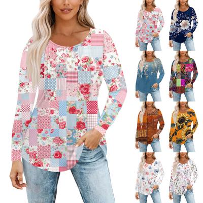 Damski Modny Casualowy Plisowany Okrągły Dekolt Vintage Kwiatowy Nadruk Długi Rękaw T-shirt Top