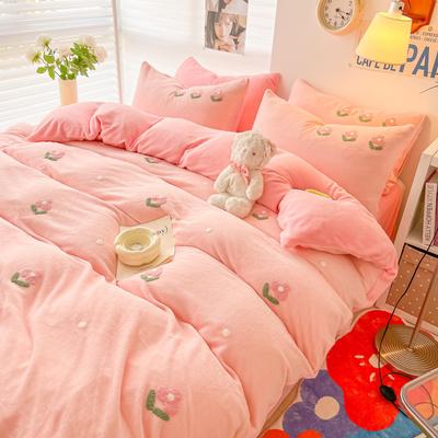 Juego de cuatro piezas de terciopelo de leche engrosado, pequeño, fresco, de invierno, terciopelo Coral bordado, cálido, funda de edredón de terciopelo de doble cara, juego de tres piezas