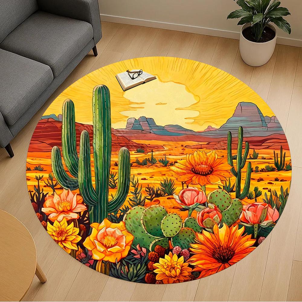 1 Stück Kaktus Wüste Büro Runder Teppich, Unter Bürostühlen Schlafzimmer Wohnzimmer Heimdekoration, Teppich für Büro, -1110253