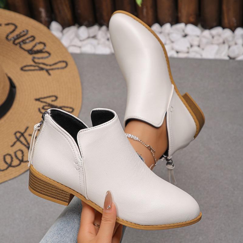 Women's Pointed Toe Chunky Heel Martin Boots, Side Zipper Thick Sole Leather Boots, Plus Size Fall Winter Shoes