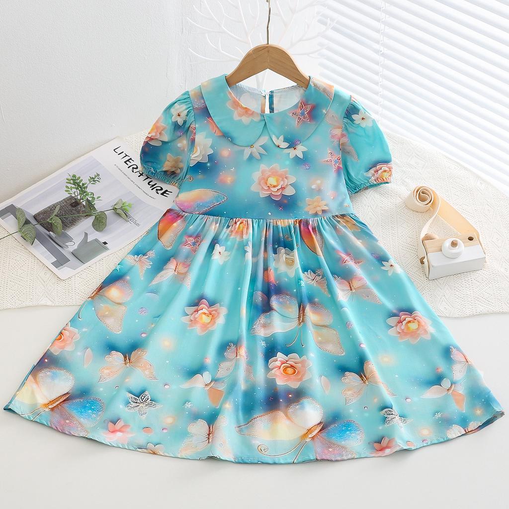 Resort Style Children's Clothing Summer Style Children's Cotton Silk Doll Collar Princess Dress Girls Artificial Cotton Floral Dress
