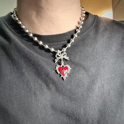 Y2k Subcultuur Zilverkleurig Strikje Rode Druipglazuur Doornig Hart Hanger Kralenketting Ketting voor Vrouwen Mannen Gotische Charm Sieraden