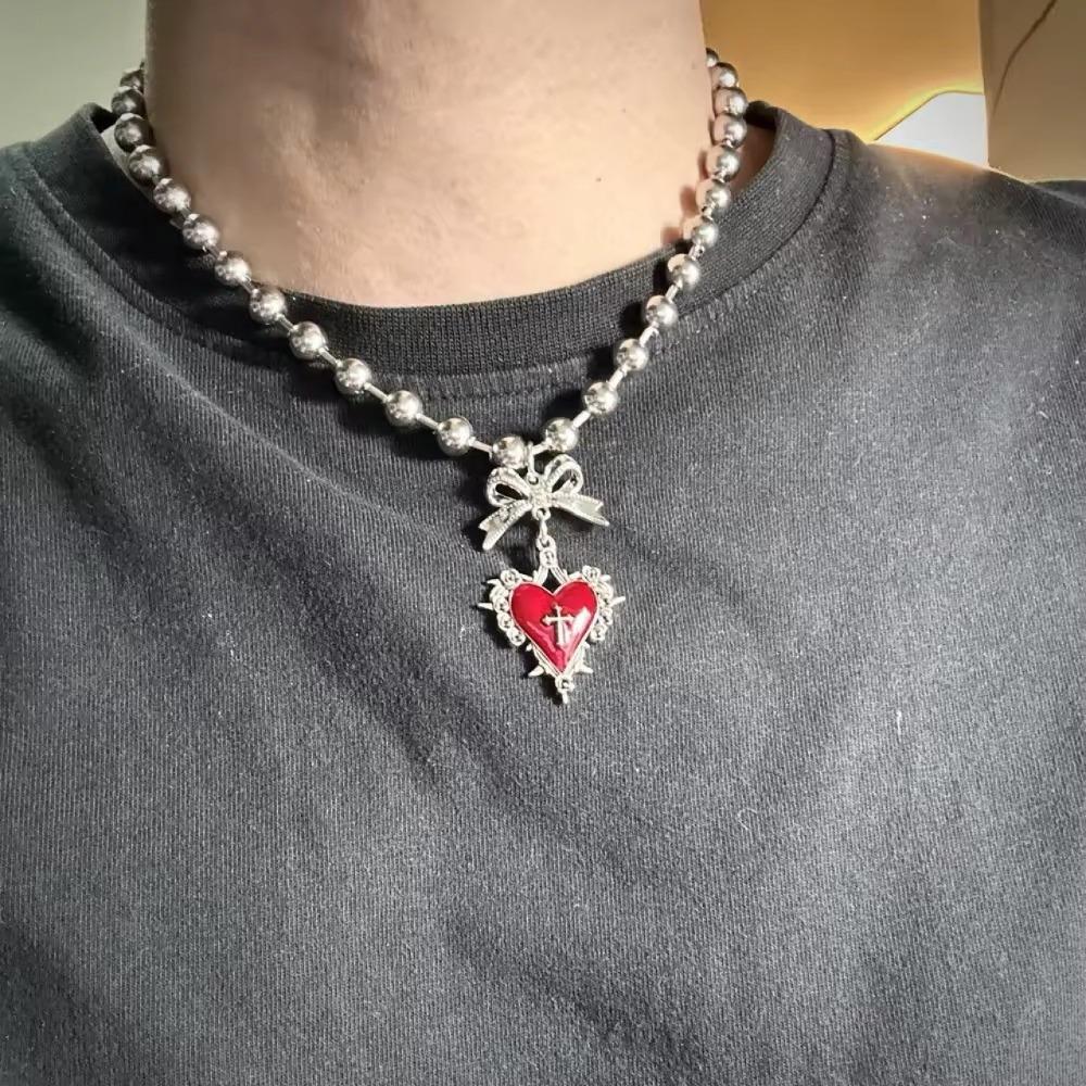 Y2k Subcultuur Zilverkleurig Strikje Rode Druipglazuur Doornig Hart Hanger Kralenketting Ketting voor Vrouwen Mannen Gotische Charm Sieraden