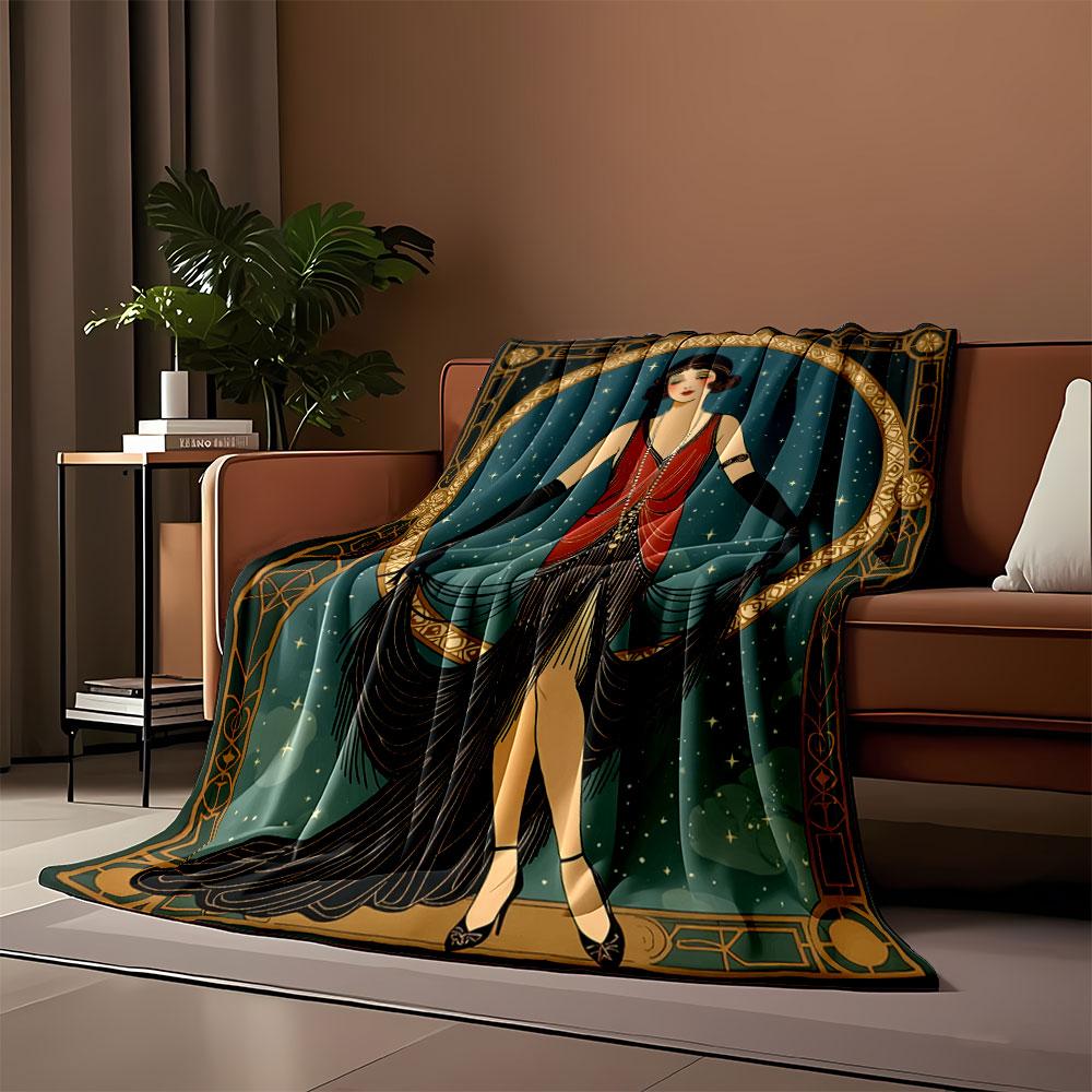 Elegant Vintage Art Deco Design with a Flapper Woman Framed In Gold. for All Seasons Blanket Lunch Break Throw Gift