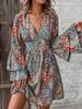 2024 Elegant Paisley V-Neck Flare Sleeve Dress for Women - Autumn/Winter Collection.