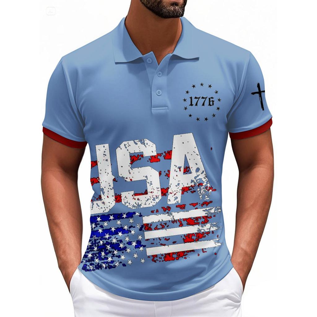 Modisches Herren-Freizeit-Oberteil mit Unabhängigkeitstag-Print am Hals und kurzen Ärmeln