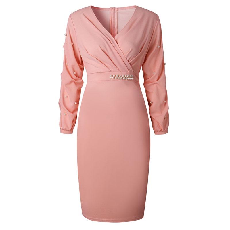 Elegant Women's Fashion Autumn And Winter Long Sleeved Pleated V-neck Bead Sexy Dress