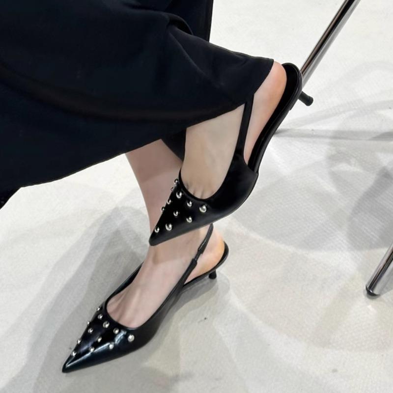 Fashion New Summer Women's Sandals Metal Rivet High Heels Footwear Elegant Slingback Pointed Slip on Party Lady Pumps Shoes