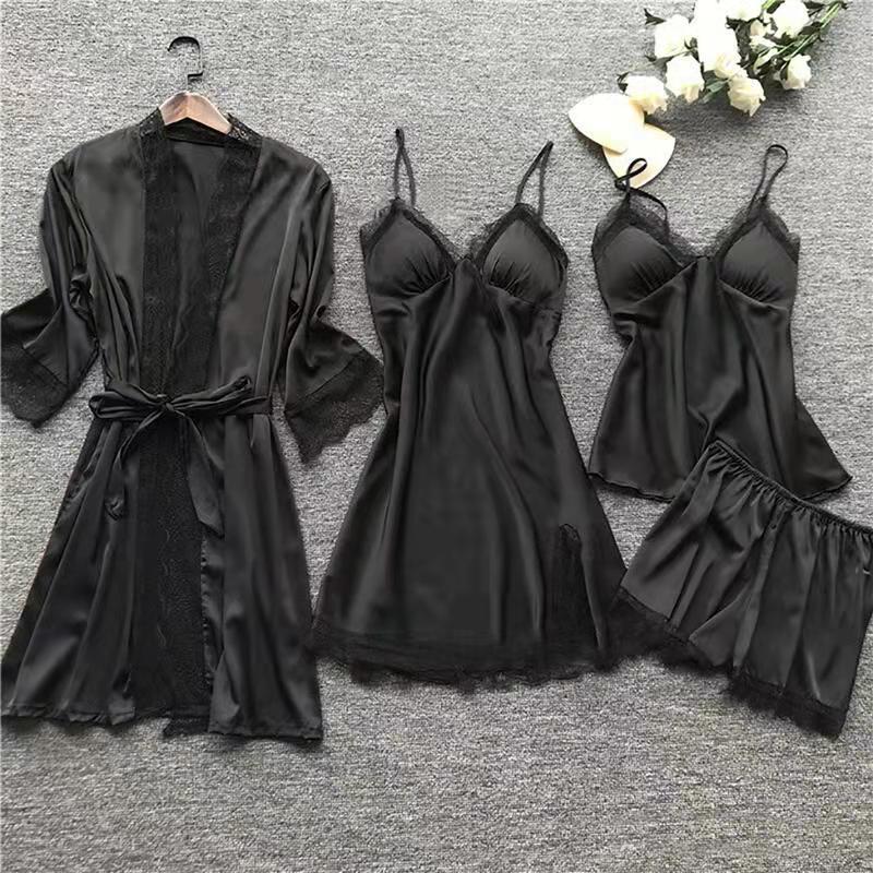 Plus Size Women's Summer Lace Pajama Set with Bra Pads - 4-Piece