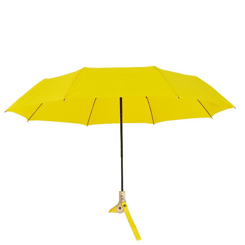 Cute Three-Fold Duck Head Umbrella: Cartoon Design, Wooden Handle, Solid Color for Rain or Shine.
