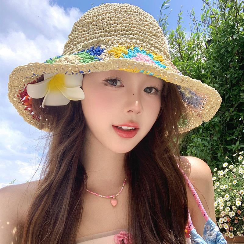 French flower hollow woven straw hat women's summer sunshade sun protection bucket hat seaside beach vacation sun hat