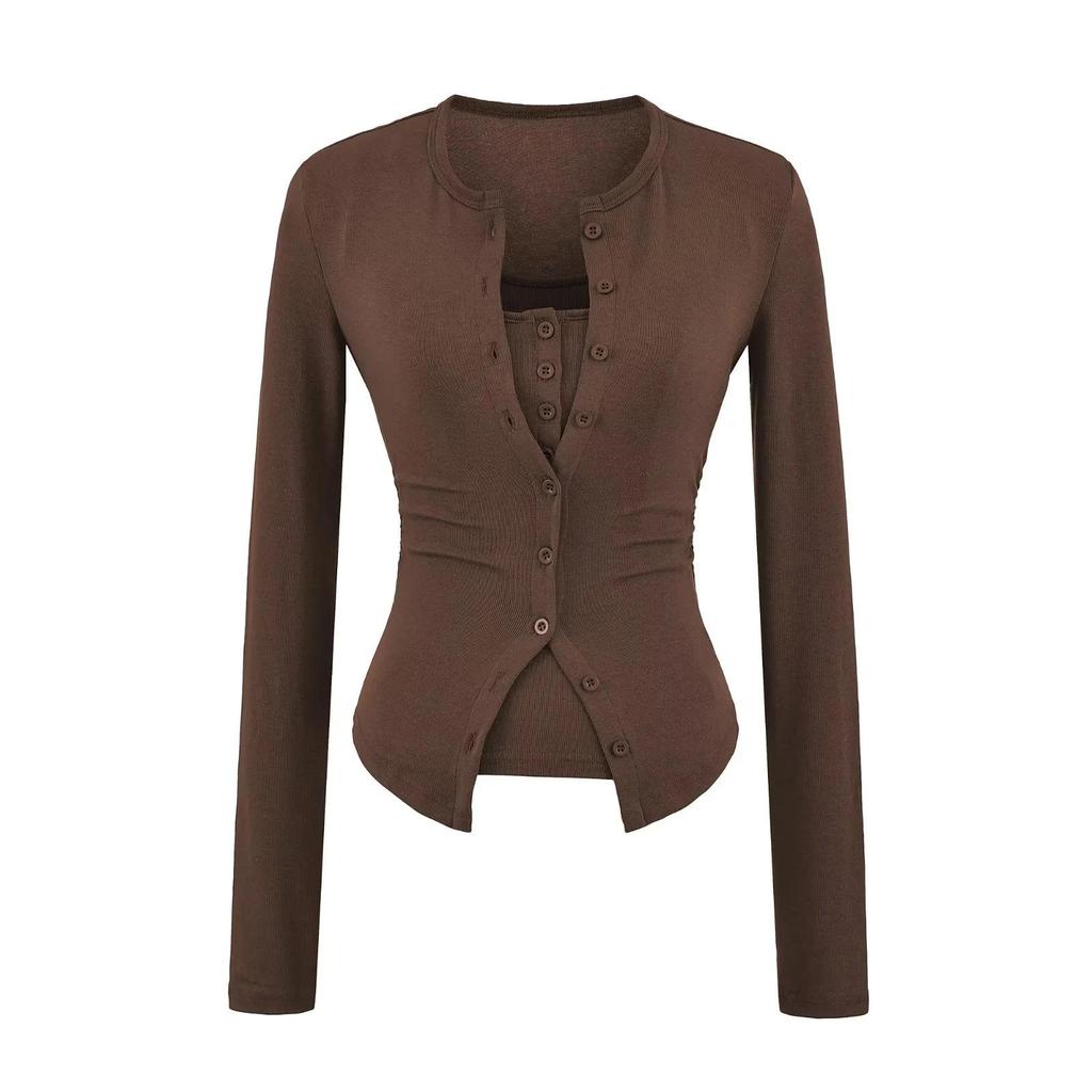 American Style Women's Waist-Cinched Button-Down Cardigan Vest and T-Shirt Two-Piece Set