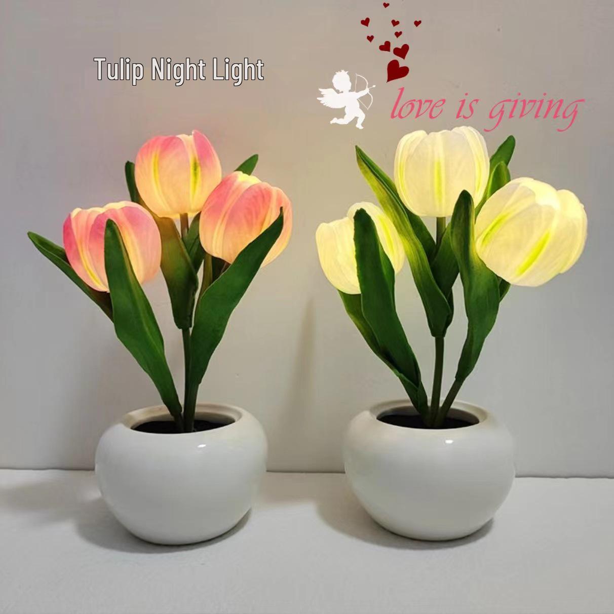 

LED Tulip Night Light: Simulated Flower Bouquet Bedside Lamp for Bedroom or Dormitory Decoration 3-head Pink (Battery Version)