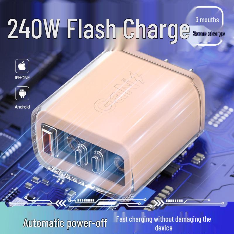 240W Gallium Nitride Fast Charger, Multi-Port, Transparent Design, Efficient Heat Dissipation, Compatible with Apple & Android Devices