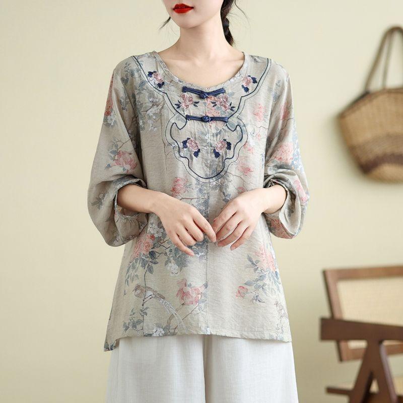 Autumn New Large Size Women's New Chinese Style National Style Embroidered Long-sleeved Tops Loose Pullover T-shirt