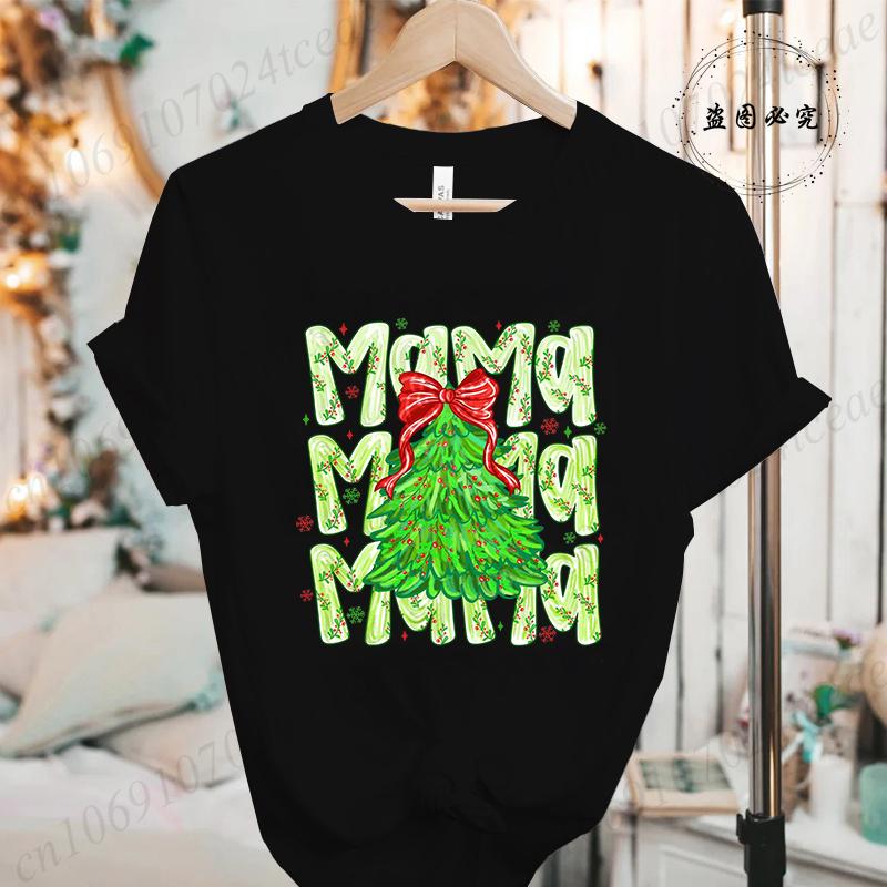 Women Fashion T Shirt Christmas Mama Print Funny Tops Womens Casual TShirt Christmas Holiday Xmas Party Tee Aesthetic Clothes