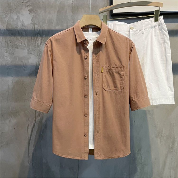 2024 New Summer Simplified Korean Edition Casual Loose Versatile Handsome Polo Collar Solid Color Mid Sleeved Shirt for Men