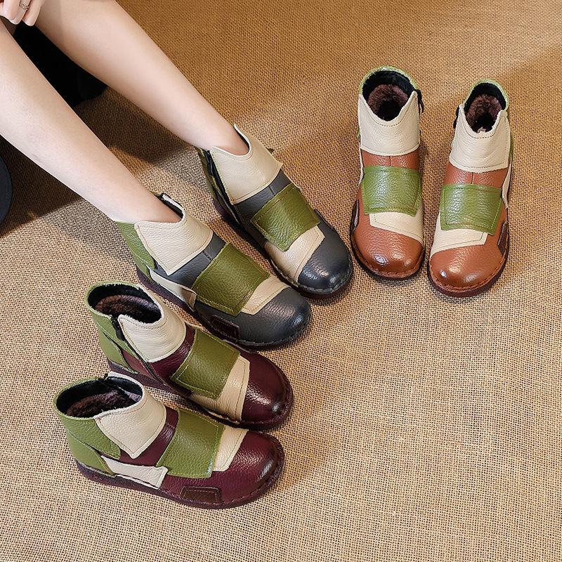 Vintage patches genuine leather ankle boots woman luxury snow shoes waterproof short plush boot women autumn booties lady flats