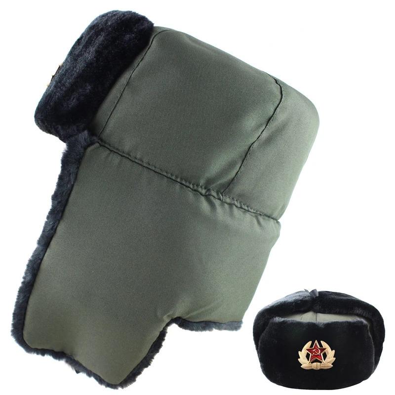 

Soviet Military Badge Russia Ushanka Bomber Hats Pilot Trapper trooper Hat Winter Faux Rabbit Fur Earflap Men Snow Caps