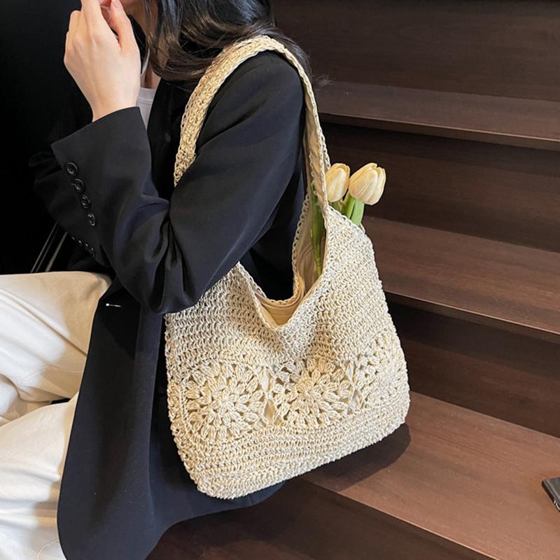 Yogodlns Large Straw Beach Bag with Zipper Summer Shoulder Bag Handbag Hobo Bag Shoulder Purse for Women Travel Vacation
