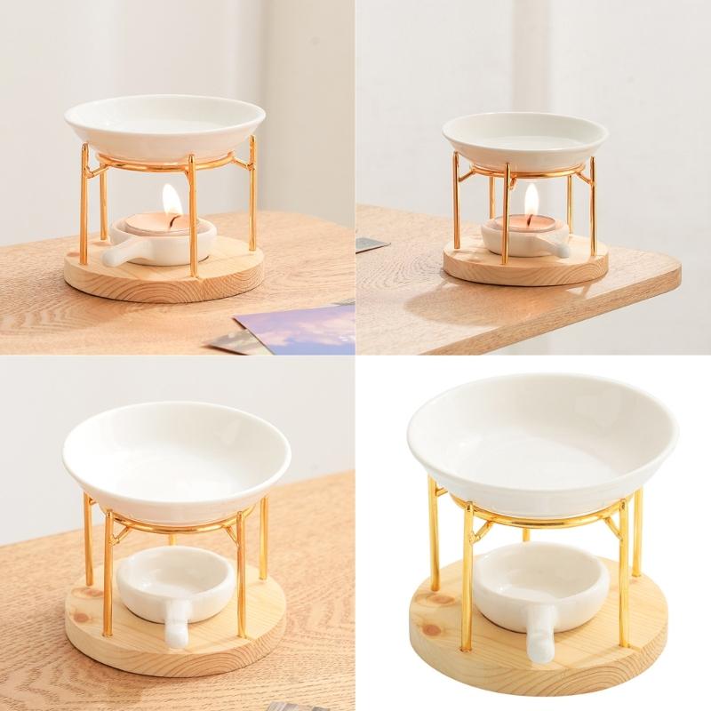 Ceramics Essential Oil Melt Warmer Diffuser Aromatherapist Tealight Candle Burners with Wood Stand for Meditations Room