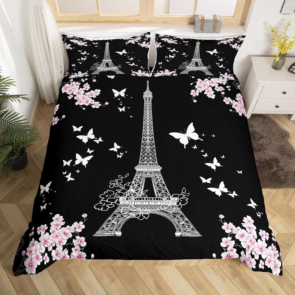 Eiffel Tower Bedding Set Twin Queen Pink Cherry Blossom Duvet Cover Romantic Theme Butterfly Print Comforter Cover for Girl Boys