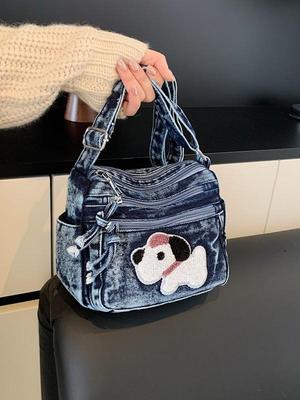 Korean Cute Plush Puppy Denim Crossbody Bag - 2025 Fashion