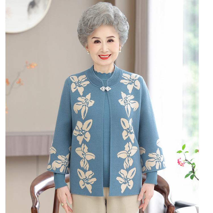 

Новый вязаный топ большого размера с вышивкой, универсальный свитер для людей среднего и пожилого возраста, на весну и осень, свитер-жакет с круглым вырезом для мамы 4XL синий