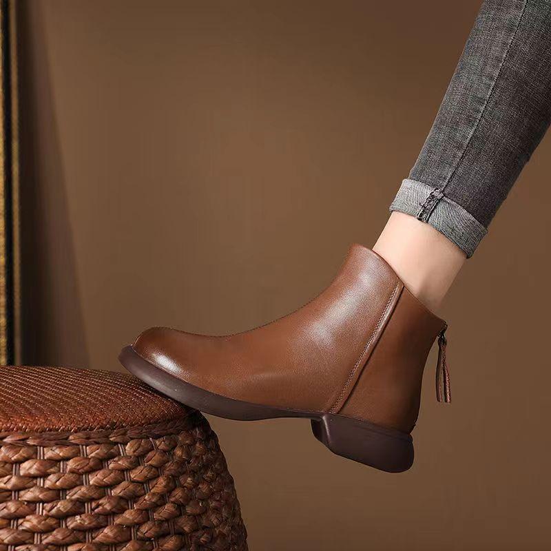 Soft Leather Covered  Boots Women's Autumn and Winter Rear Zipper Women's Boots Soft-soled Short Boots