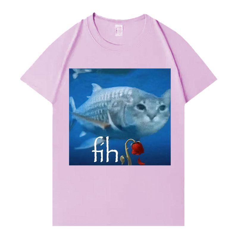 Lustiges Fisch- und Katzenmuster T-Shirt Damen Rundhals trendiges T-Shirt lässig und ästhetisch ansprechende Streetwear Persönlichkeit