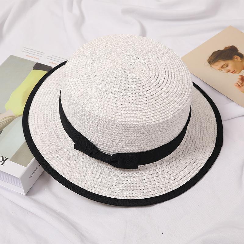 Summer new hat women's small fresh top hat bow flat top hemming straw hat outdoor sunshade sun protection beach hat