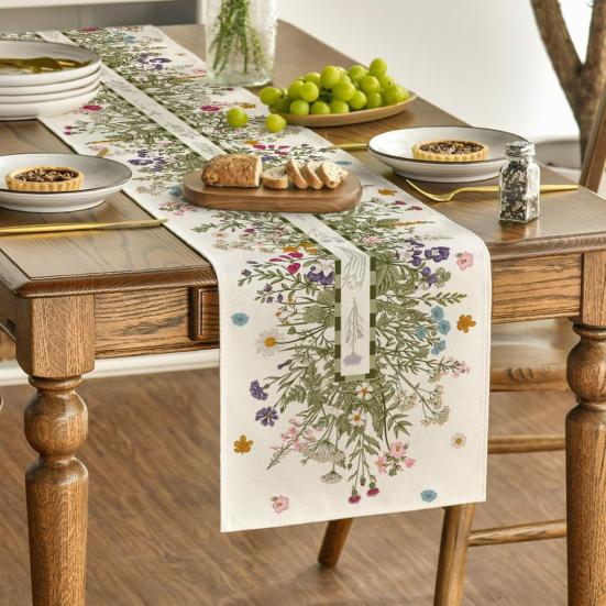 Spring Table Runner Floral Linen Table Runner Seasonal Summer Wildflowers Kitchen Dining Decoration for Home Party Decor