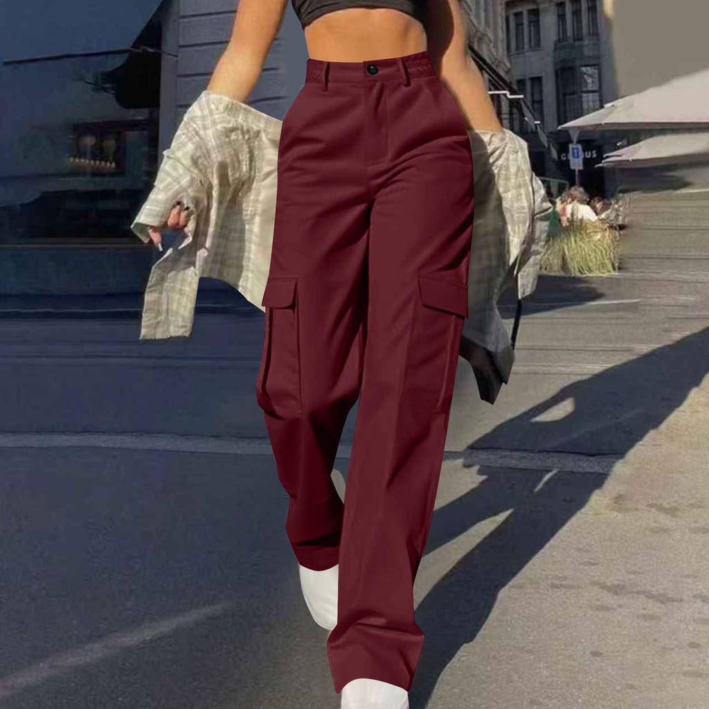 Womens Trendy Casual Streetwear Baggy Cargo Pants With Pockets Wide Leg Trousers Loose Overalls Long Pants