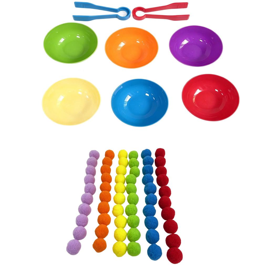 Toys for Toddlers, Color Sorting Bowls Set with Tongs and Pom Poms, Fine Motor Skills Preschool Learning Activity for Hand-Eye Coordination