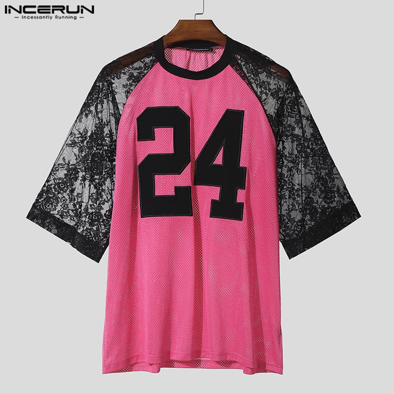 INCERUN Men Lace Patchwork Short Sleeve Letter Print Hollow Out Casual T-shirts Tops
