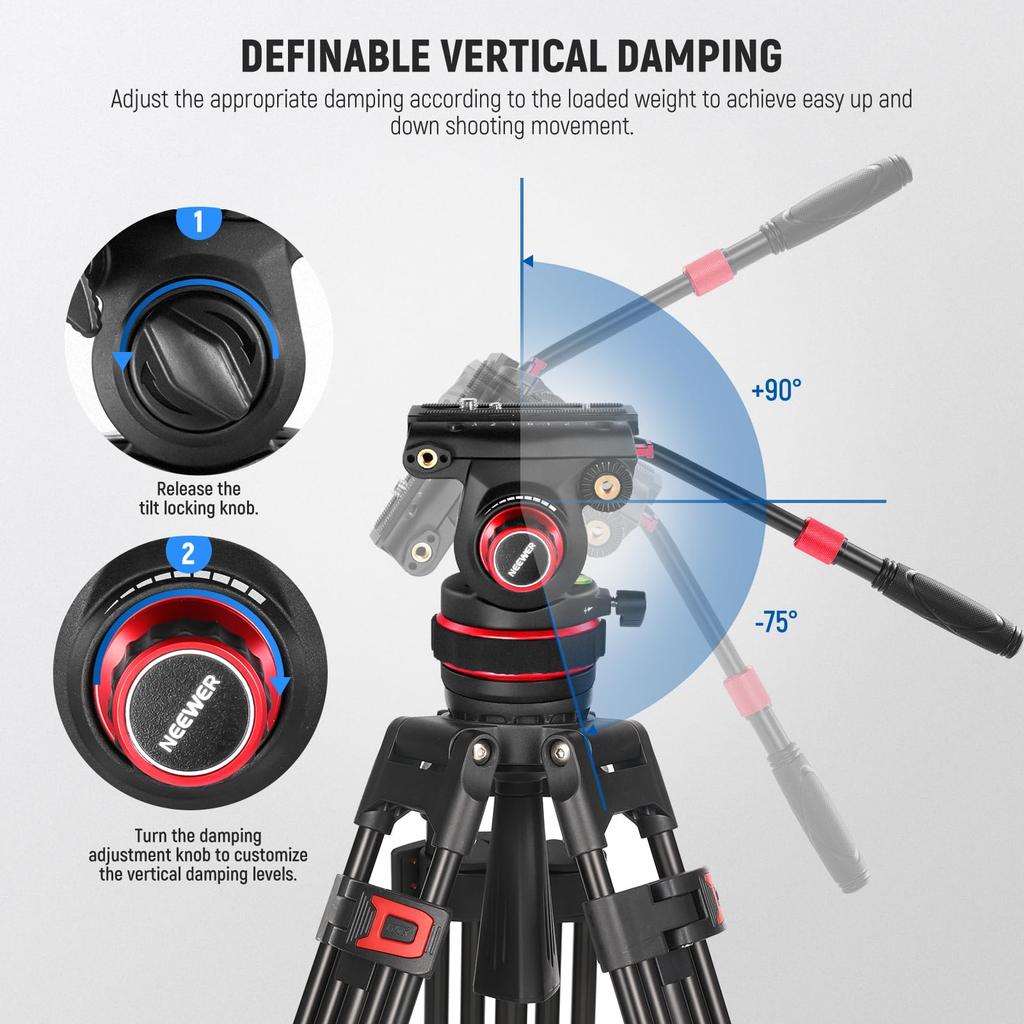 NEEWER GM006 Fluid Video Tripod Head with Stepless Adjustable Pan Tilt Quick Release Adjustable and 75mm Compatible with RS Maximum Load 10kg Head, &